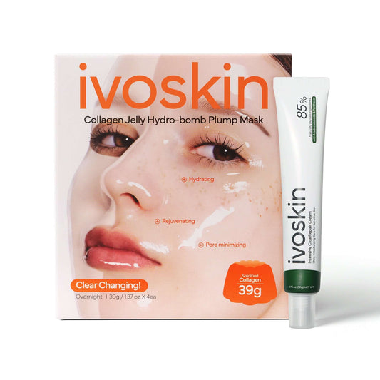 Ivoskin Collagen Jelly Hydro-bomb Plump Mask packaging with hydrating and rejuvenating benefits for skin.