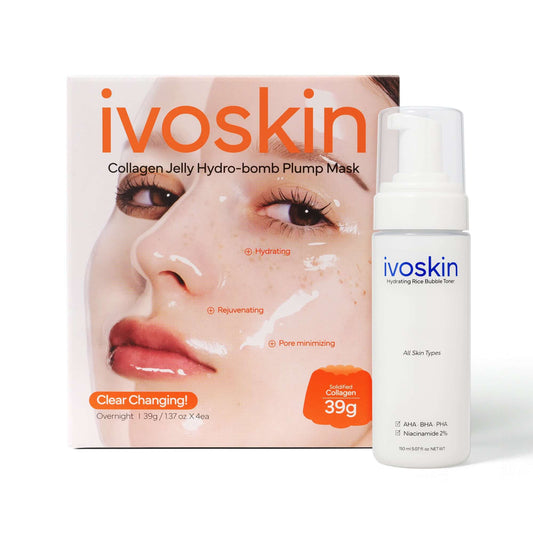 Glow Starter Duo: Ivoskin Collagen Jelly Plump Mask and Hydrating Rice Bubble Toner for radiant, hydrated skin.