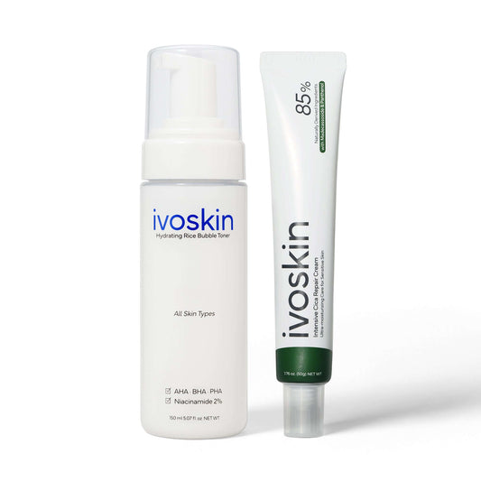 Ivoskin Daily Care Duo featuring Hydrating Rice Bubble Toner and Calming Cream for sensitive skin hydration.