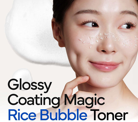 Model showcasing Glossy Coating Magic Rice Bubble Toner for glowing skin and hydration.