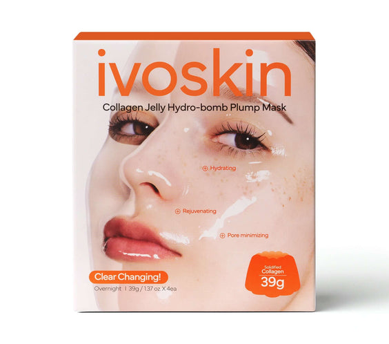 Ivoskin Collagen Jelly Hydro-bomb Plump Mask packaging showing hydrating and rejuvenating benefits for glowing skin.