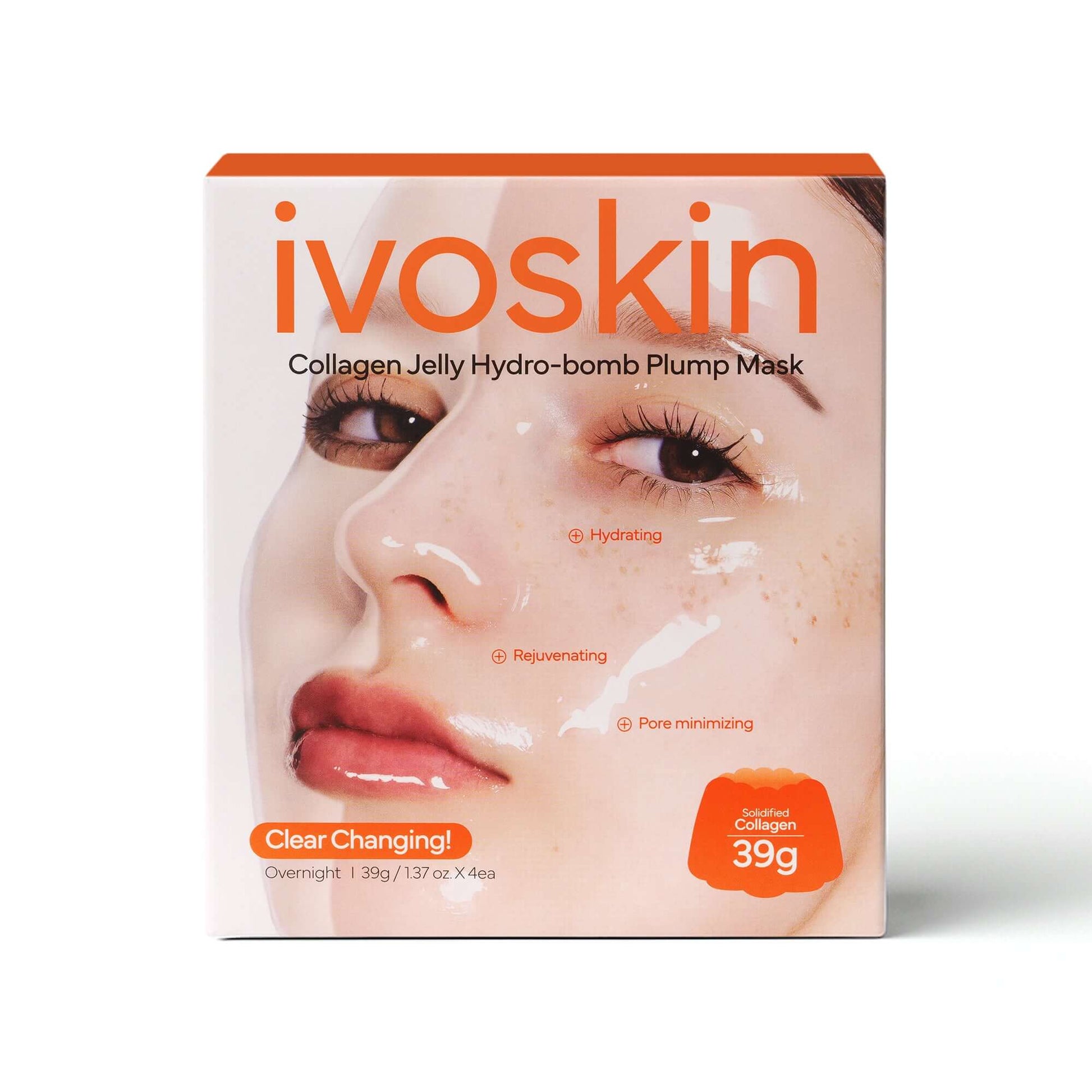 Ivoskin Collagen Jelly Hydro-bomb Plump Mask packaging showing hydrating and rejuvenating benefits for glowing skin.
