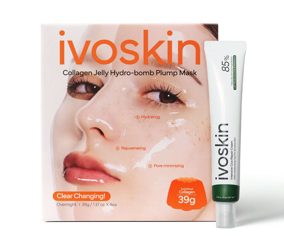 Ivoskin Collagen Jelly Hydro-bomb Plump Mask packaging with hydrating and rejuvenating benefits for skin.