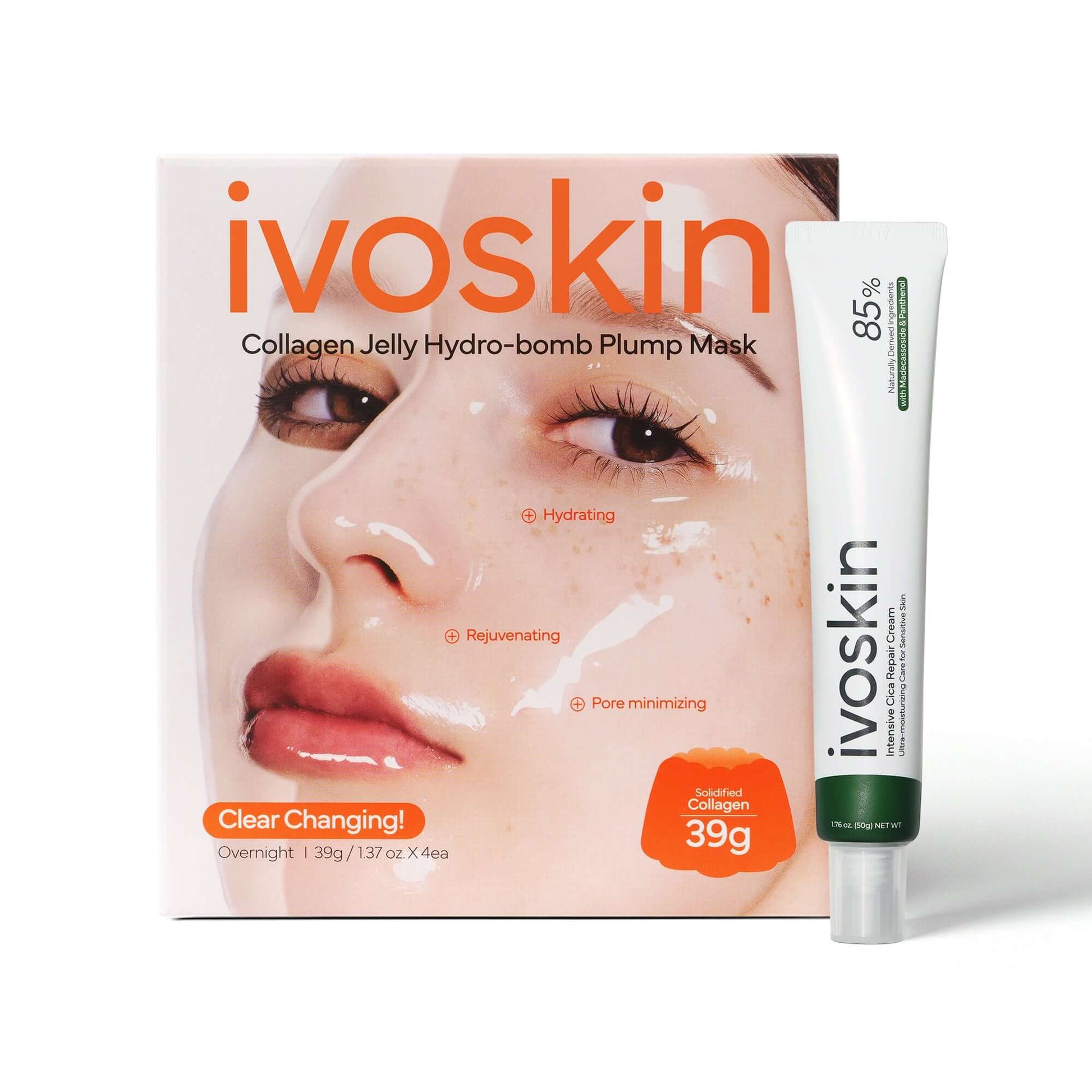 Ivoskin Collagen Jelly Hydro-bomb Plump Mask packaging with hydrating and rejuvenating benefits for skin.
