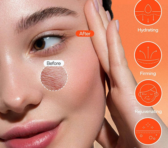 Before and after application of Collagen Jelly Hydro-bomb Plump Mask, showcasing hydrating and firming effects.