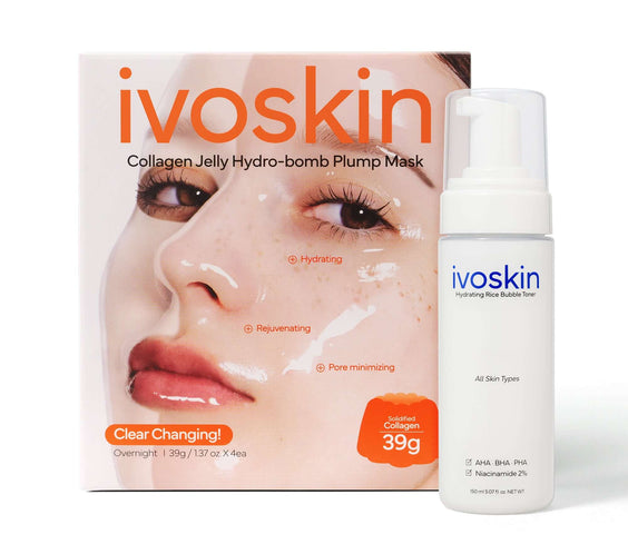 Glow Starter Duo: Ivoskin Collagen Jelly Plump Mask and Hydrating Rice Bubble Toner for radiant, hydrated skin.