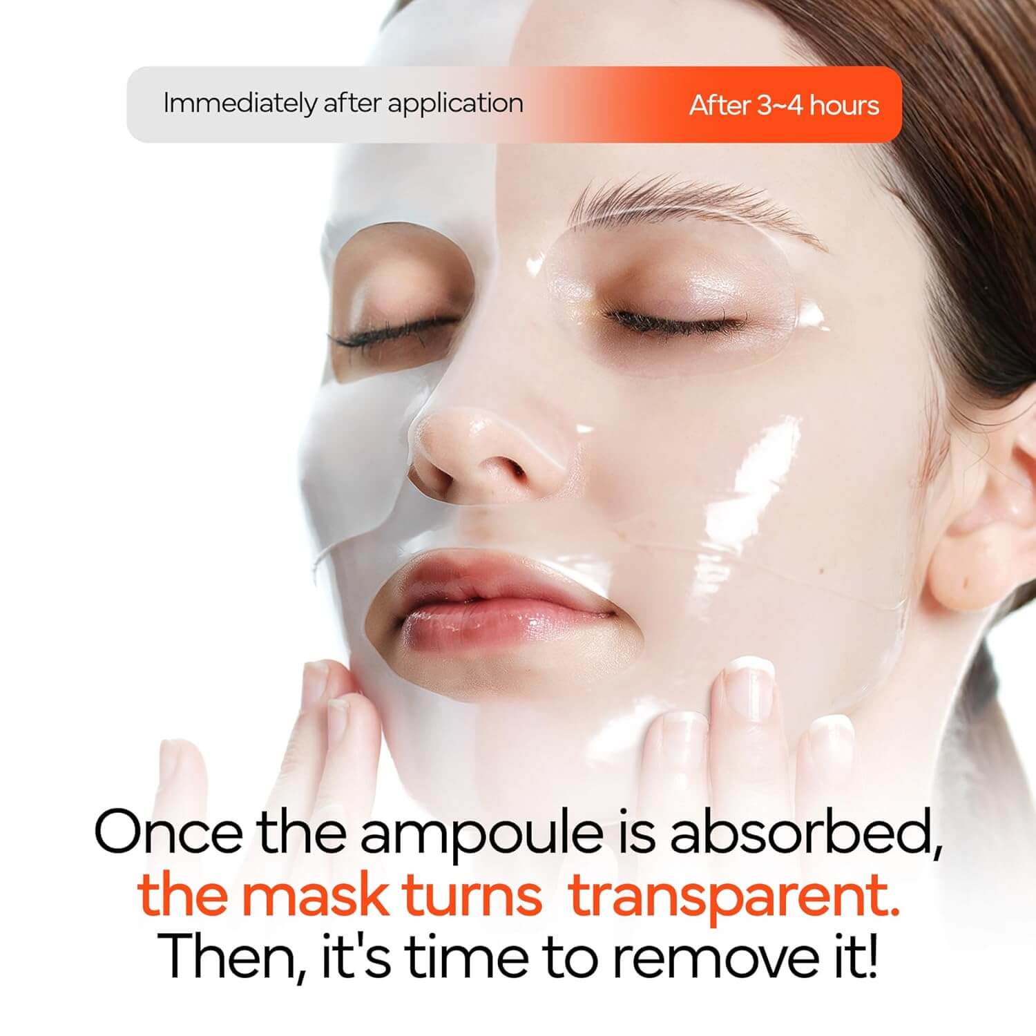 Woman applying a transparent hydrating mask, showcasing immediate hydration effects of IVOSKIN skincare.