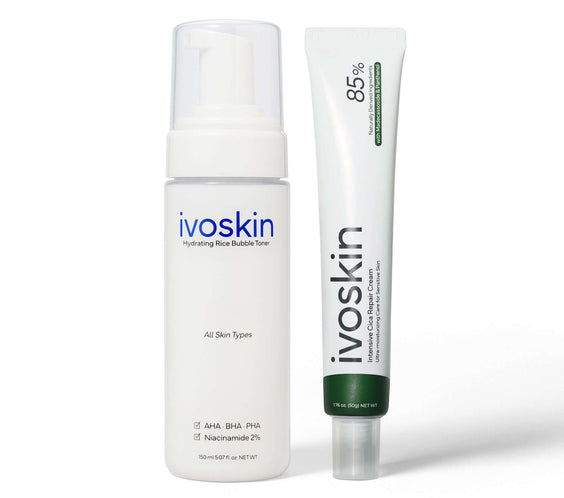 Ivoskin Daily Care Duo featuring Hydrating Rice Bubble Toner and Calming Cream for sensitive skin hydration.